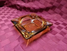 1960s MCM Heavy Square Amber Glass Cigar Cigarette Ashtray Vintage 6"