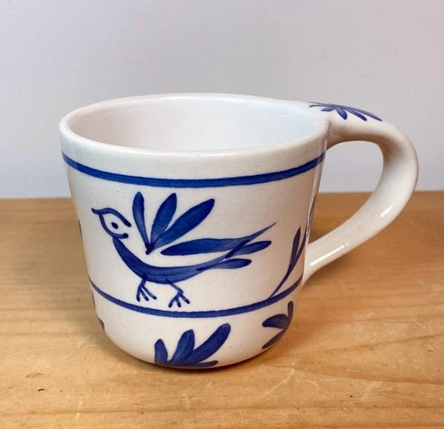 Vintage Hand Painted Stoneware Birds Art Pottery Coffee Mug signed 10 ounce