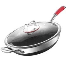 Honeycomb Wok Pan with Lid, nonstick stir fry with silicone handles, Hybrid