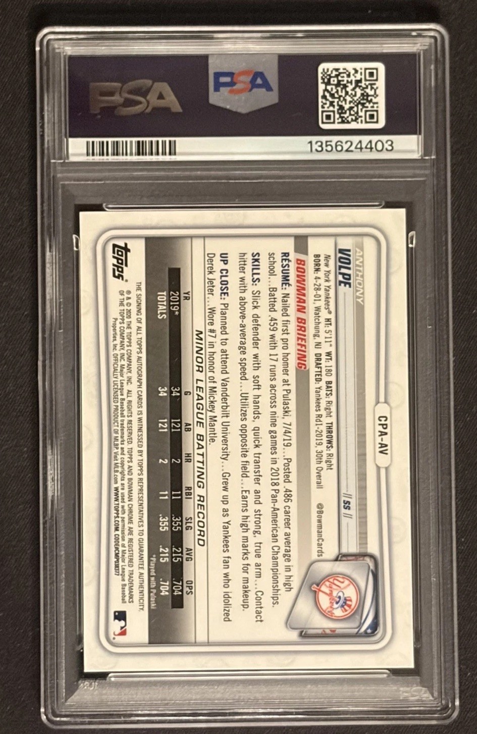 2020 Bowman Chrome Anthony Volpe True Blue Auto 026/150 PSA 9 New York Yankees view 2
