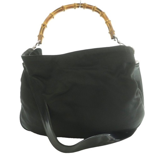 Gucci Bamboo Handle 2Way Leather Shoulder Handbag Black Large 001.0166.1577