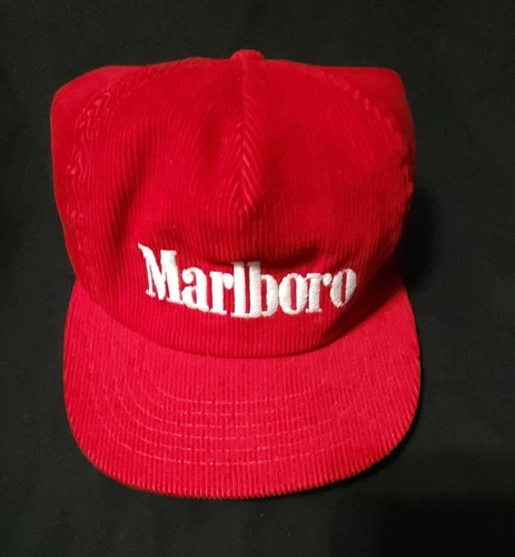 Vintage Marlboro Hat Cap Snap Back Red Corduroy Mens Cigarette Promo USA 80s - product listing photo
