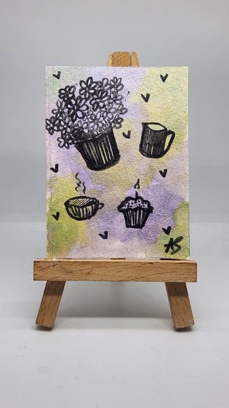 ACEO Original Painting "Oh no, not Again” by Abby Watercolor & Pen 2.5in x 3.5in