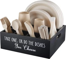ALELION Paper Plate Dispenser for Countertop - Wooden Utensil Holder Black 