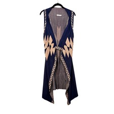Blu Pepper Long Knit Vest Women S Blue Southwest Open Front Duster Flowy Boho