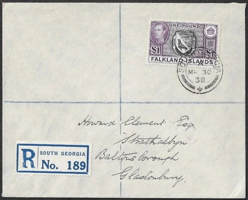 Scarce, Falkland Islands, 1938 £1 South Georgia Registered FDC