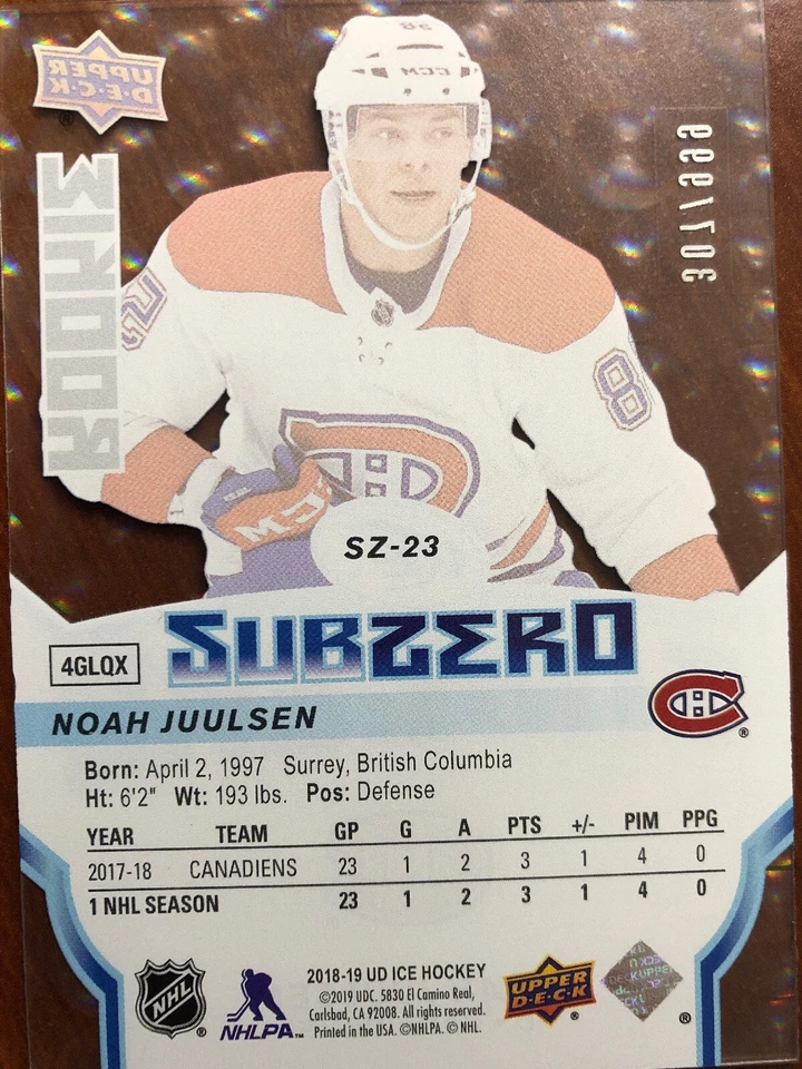 18-19 UD Ice Rookie Subzero #SZ-23 Noah Juulsen - Image 2 of 2