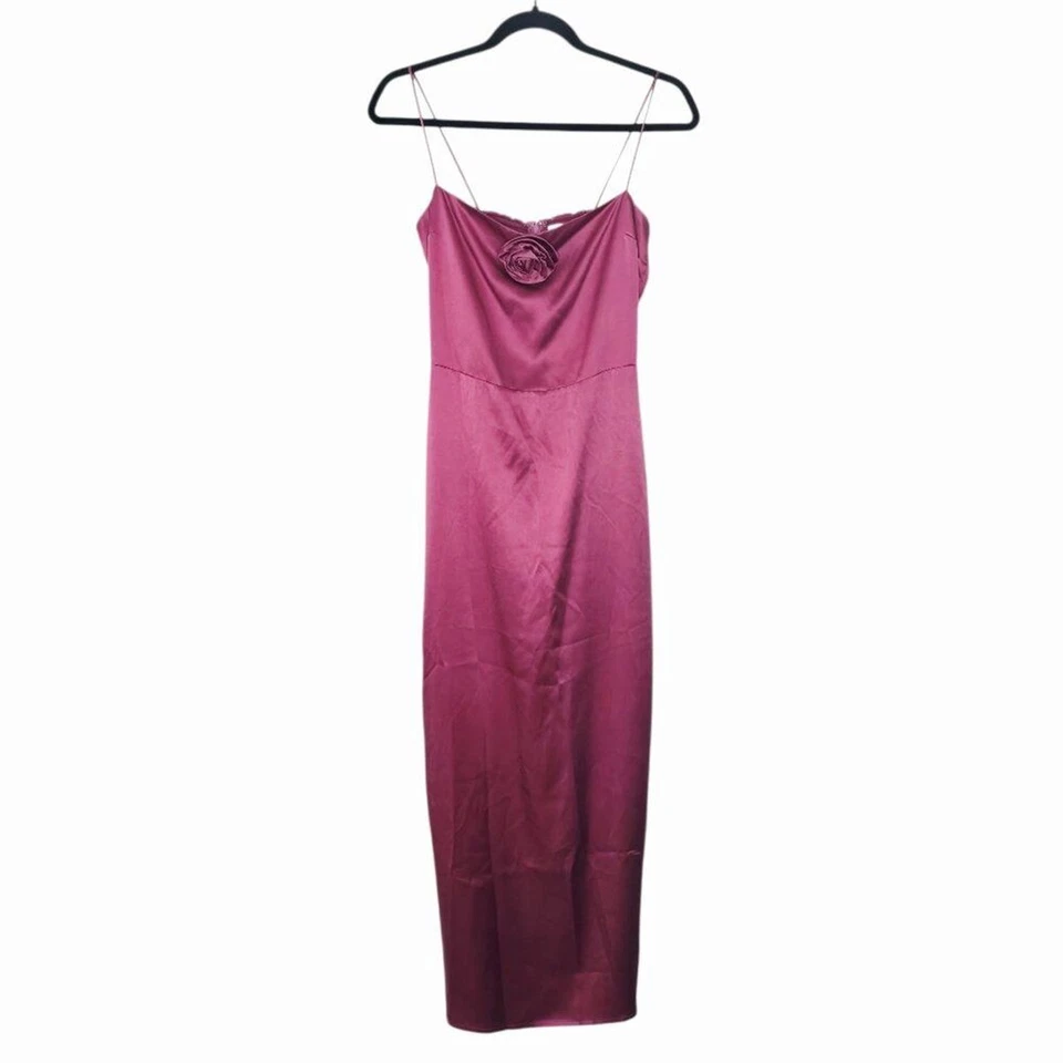 Vestido maxi Reformation Frankie morango vinho rosa roseta seda fenda traseira 4 - Imagem 3 de 4
