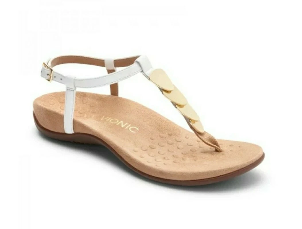 VIONIC REST MIAMI ORTHOTIC WIDE FIT UK 7.5 WHITE LEATHER T-STRAP SANDALS