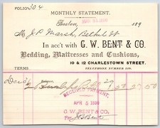 G.W. Bent & Co Bedding Mattresses Cushions Boston MA 1889 Statement J.P. Marsh