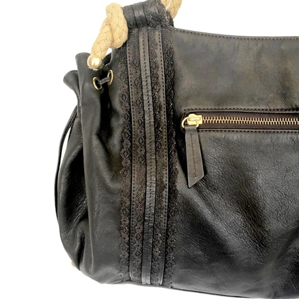 HILARY RADLEY Black Leather Lace Trim Rope Handle Satchel Bag - Image 3 of 4