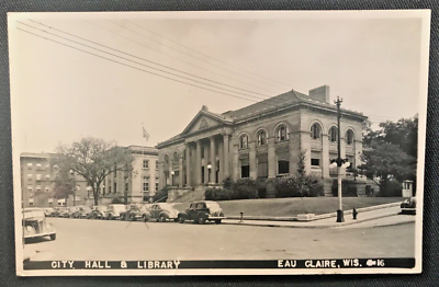 #ad #ad WI RPPC CITY HALL AND LIBRARY Eau Claire Wisconsin old cars 1947 Bamp;W $9.00