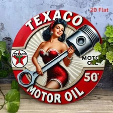 Vintage Texaco Motor Oil 50¢ Round Tin Metal Sign Retro Gasoline 8x8