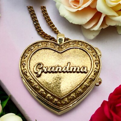 Grandma Heart Locket Watch Necklace Working Gold Tone Vintage Style Gift 28''