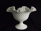 Vintage Fenton White Milk Glass Pedestal Bowl 6.75" x9" Hobnail Ruffled Rim Vase