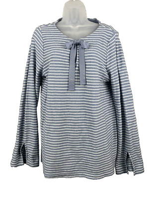 Chaps 100% Cotton Ribbon Tie Top Shirt Women's L Nautical Blue Stripe Coastal