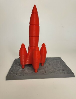 3D Printed Ultra Red Rocket On The Moon Model,Scifi,Space Rocket 7'' Height. 