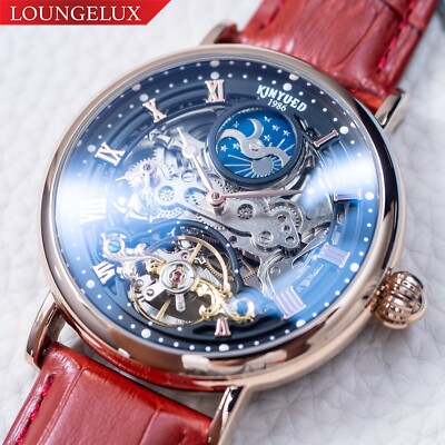 Mens Dual Time Flywheel Automatic Mechanical Watch Rose Gold Red Leather