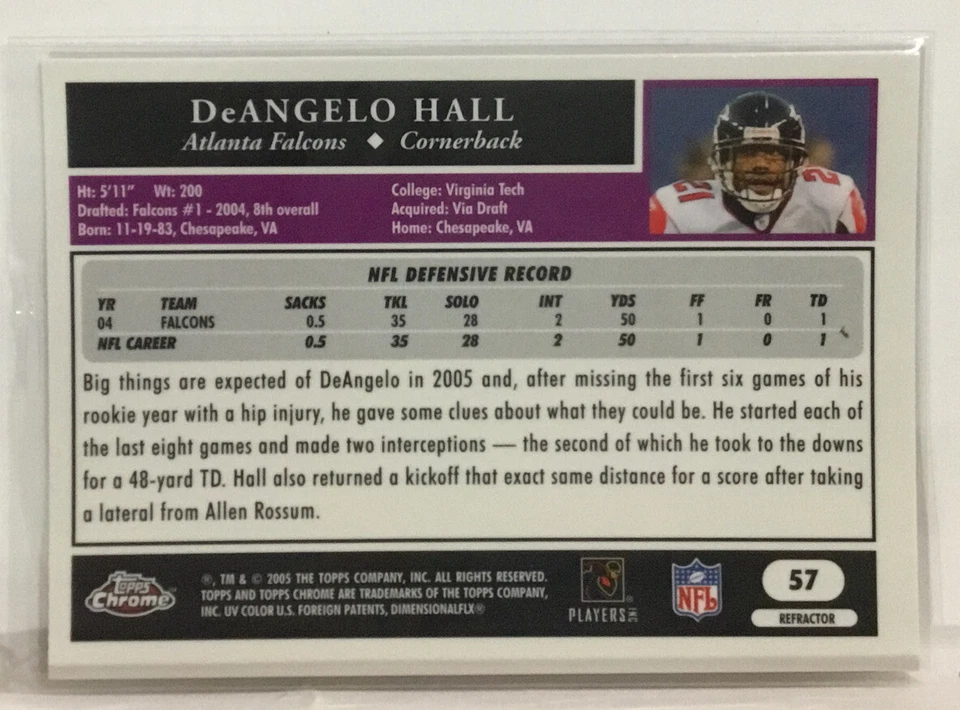 2005 TOPPS CHROME DEANGELO HALL REFRACTOR #57 FALCONS MSK - Image 2 of 2