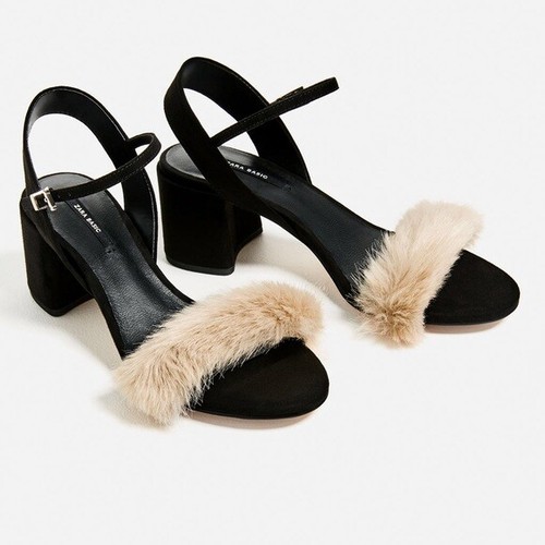 Zara Faux Fur Vamp Block Heel Sandals 