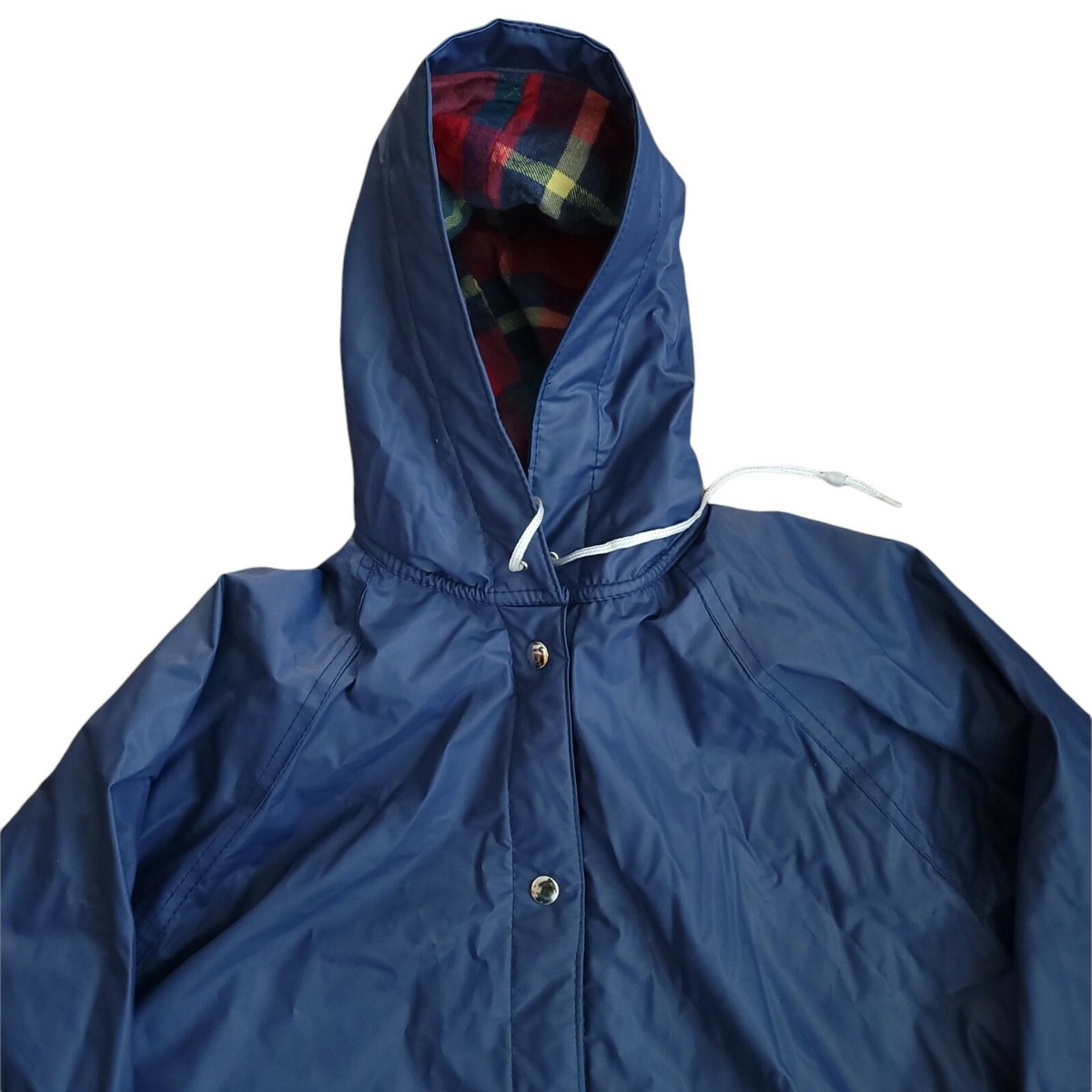 【美品】RAINMAKER STANDUP SHAWLCOLLARJACKET Sailmaker Rain Jacket Coat Womens Large Blue Hooded Plaid Lined
