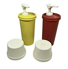 Vintage Tupperware 1329 Ketchup Mustard Yellow Red Pump Dispensers w/ Caps Lids
