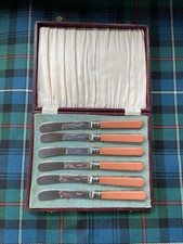 Vintage Bakelite EPNS Coral pink Butter Knife Set Of 6 In Original Box Knives