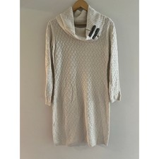 Sandra Darren Long Sleeve Cable Knit Sweater Dress Cowl Neck Beige Small JL
