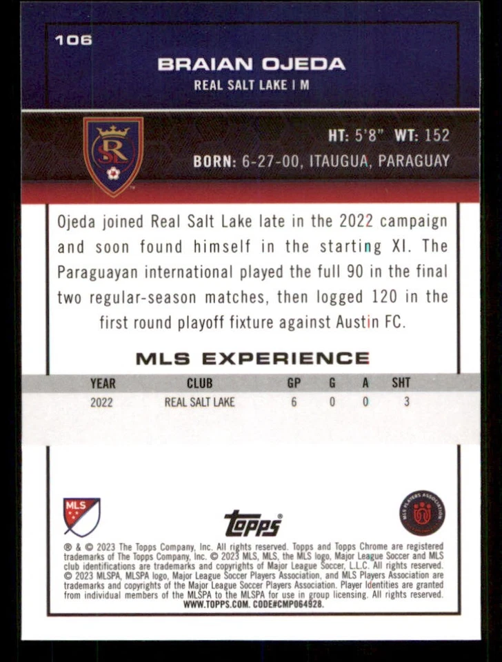 2023 Topps Chrome MLS #106 Braian Ojeda - Image 2 of 2