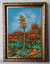 Blooming Agave Arizona Desert Landscape 4x6 Impasto oil painting original Framed