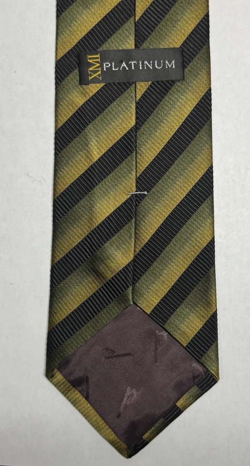 XMI Platinum, 100% Silk, Repp Stripe Green, Yellow, Black Preppy, Business Tie - Image 3 of 3
