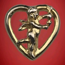 Gold Toned Pin Brooch Cupid Cherub Heart Embossed 3D Design Romantic Vintage
