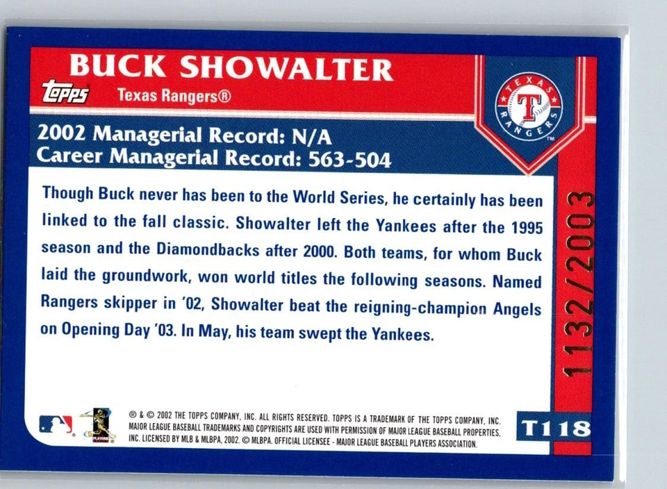 2003 Topps Traded & Rookies #T118 Buck Showalter Gold #/2003 - Image 2 of 2