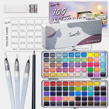 100-Color Watercolor Set, Metallic, Macaron  Fluorescent Paints, Case  Brushes