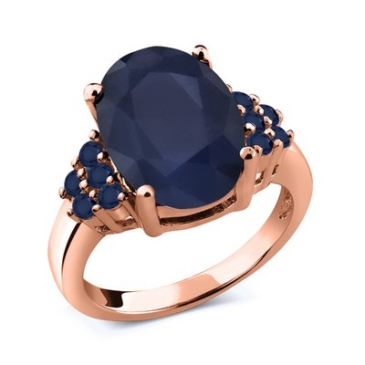 7.01 Ct Oval Blue Sapphire 18K Rose Gold Plated Silver Ring