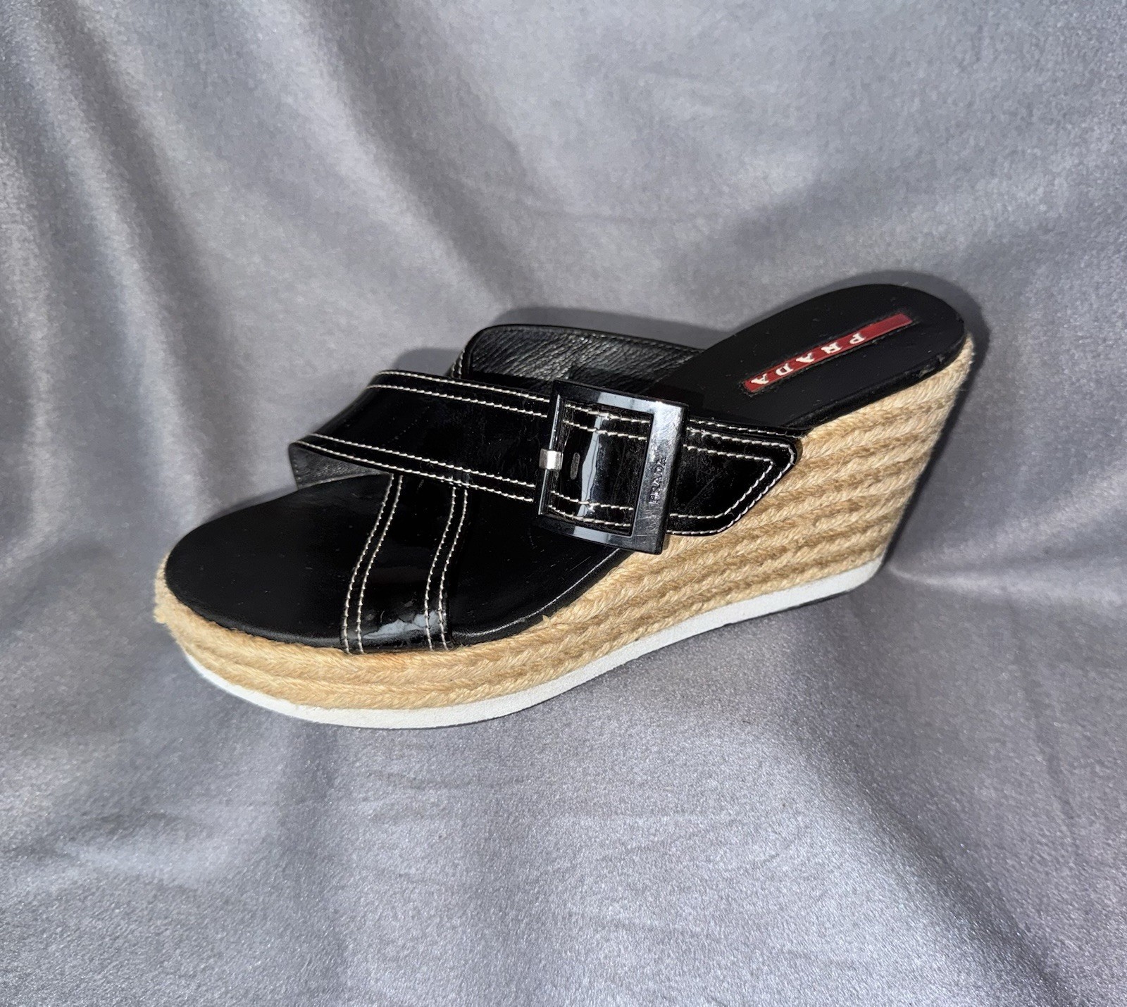 Prada Black Patent Leather Linea Rossa Espadrille Wedge Sandal 37