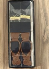 NEW Brooks Brothers Suspenders Braces Navy Blue Tan Leather Sz L Adjustable HTF 