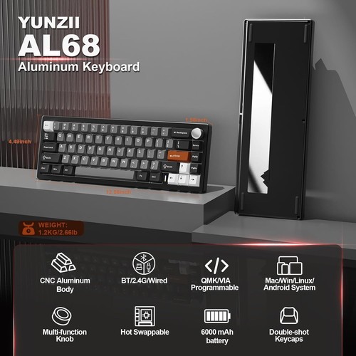 YUNZII AL68 Wireless Mechanical Keyboard,Full Aluminum CNC,60% Layout with Knob, - Picture 2 of 8