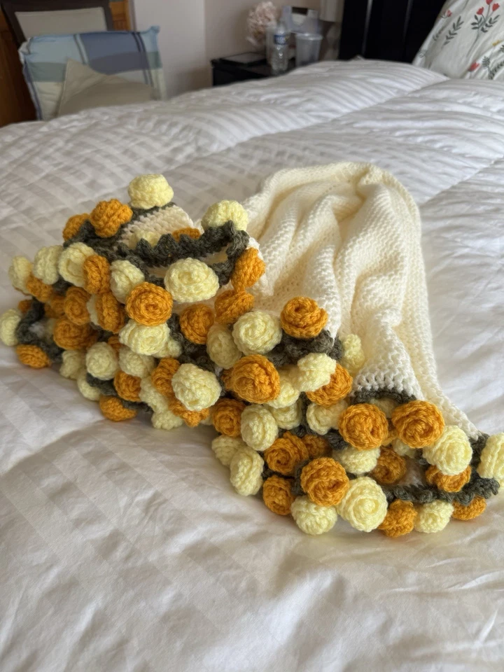 Manta Flor Crochet Mano 3D Tiro Afgano Amarillo Blanco Foto 3 de 4