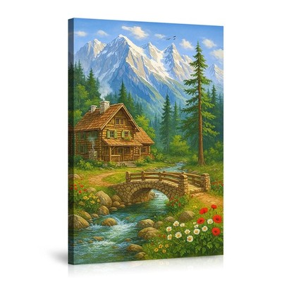 Mountain Cabin Landscape Wall Art Canvas Poster Rustic Scenic Home Decor Print