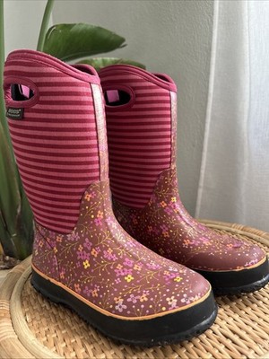 Bogs Youth Kid  Pink Classic Flower Stripes Winter Snow Rain Boots Size 4