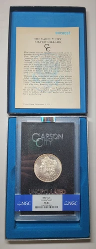 1880-CC 8/7 Dash Variety $1 Morgan Silver Dollar GSA Hoard NGC MS63 w/ Box & COA