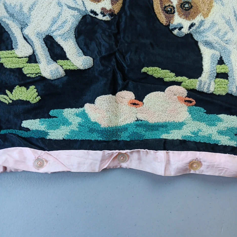 Antique Crewel Embroidery Needlepoint Pillow Cover on Satin Puppy Dogs Pond Duck - Image 4 of 4