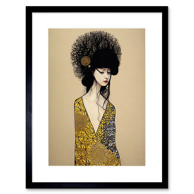 Gold Geisha Mädchen Abstrakt Elegant Gemälde Gerahmt Wand Kunstdruck Bild 9X7 Zoll