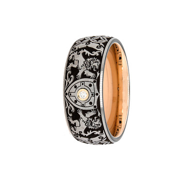 9mm Tungsten Ring with Medieval Engravings, Shield, Cross, 2 Lions with Diamond