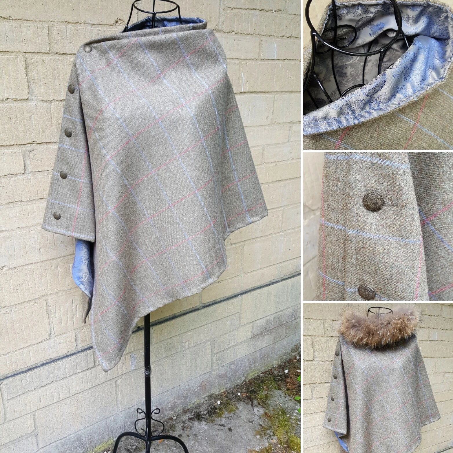 Tweed poncho wrap cape green beige with pink blue overcheck and satin