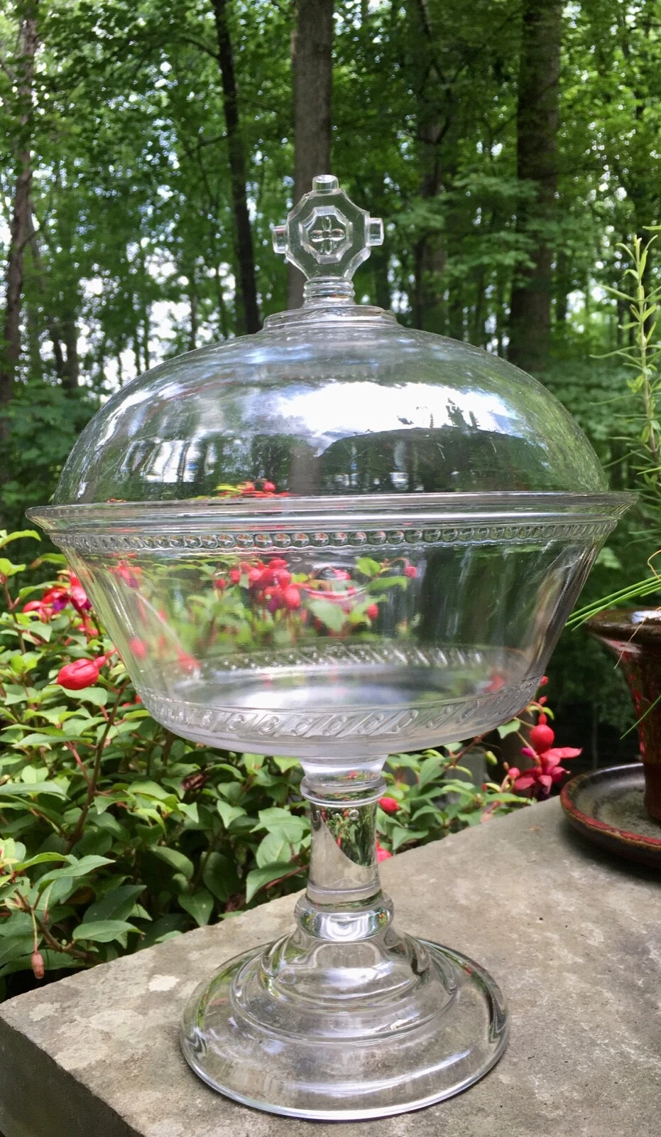 Antique Central Glass Dot and Dash EAPG Covered Compote Pressed Sandwich Glass