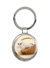 Cat : Gift Round Keychain Basket Kitten Animal Pet Cute Funny
