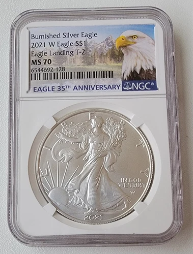 2021 W Burnished Silver Eagle, Eagle Landing Type 2, MS 70 NGC Uncirculated