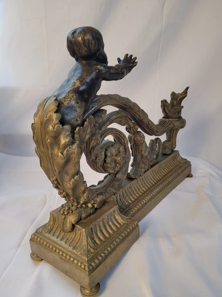 Early Louis XVI Style French Gold Gilt & Bronze Cherub Chenets - Image 4 of 4